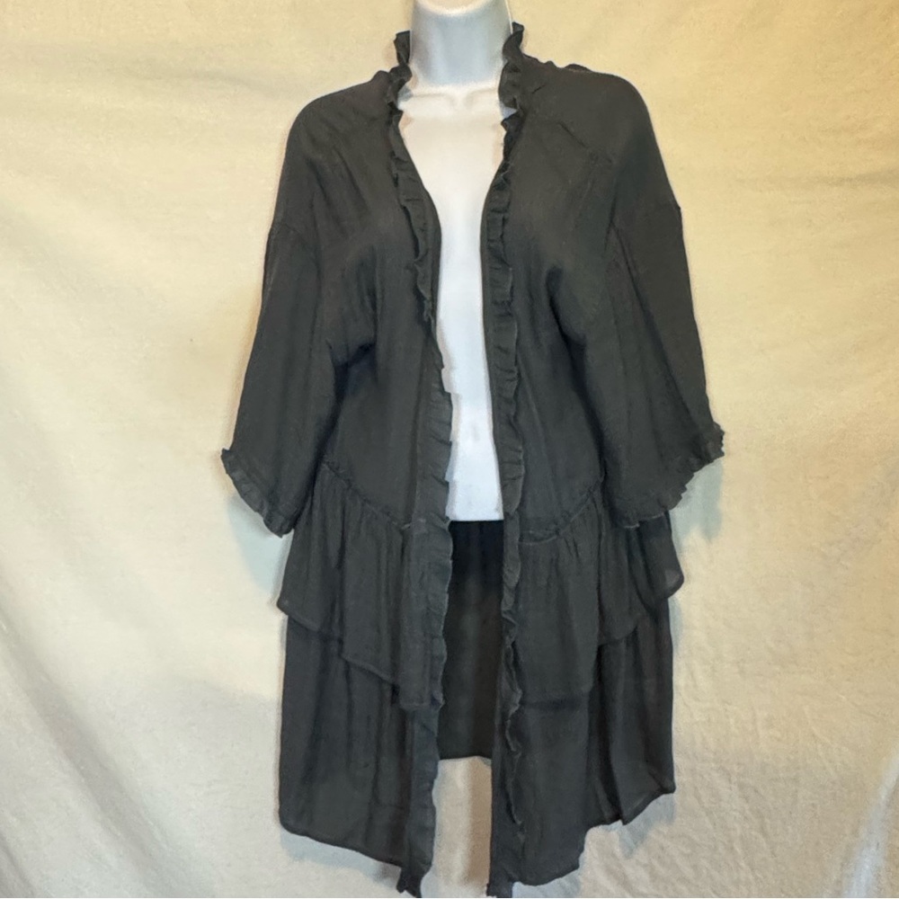 F-179 Easel Gray Ruffled Open Short Sleeve Suit Jacket Size‎ S